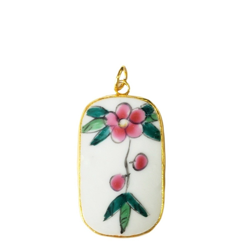 Vintage Hand Painted Porcelain Floral Pendant - Gold Tone Pink Flower Jewelry